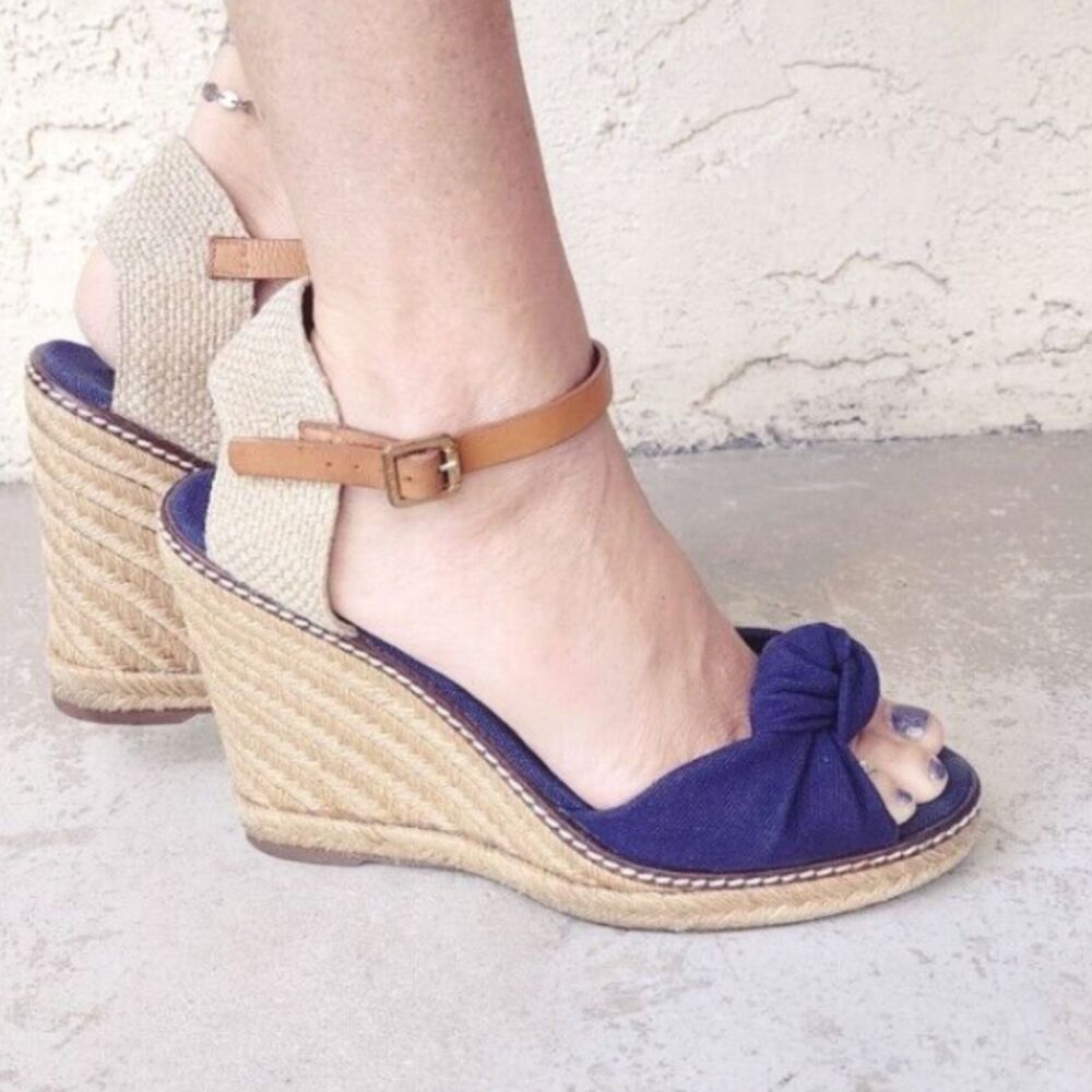 Tory Burch Macy Linen Espadrille Wedge Sandals Sz 7B Blue Twist Knot Ankle Strap